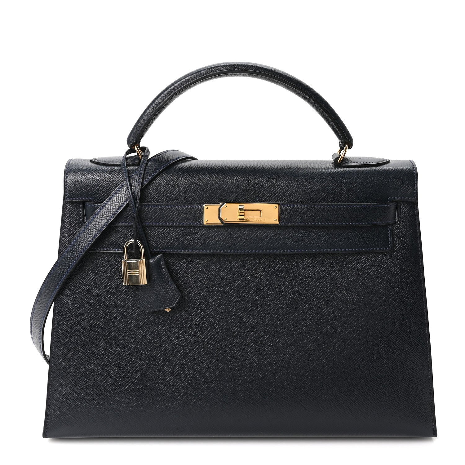 HERMES KELLY 32 SELLIER BLEU MARINE COURCHEVEL GOLD HARDWARE