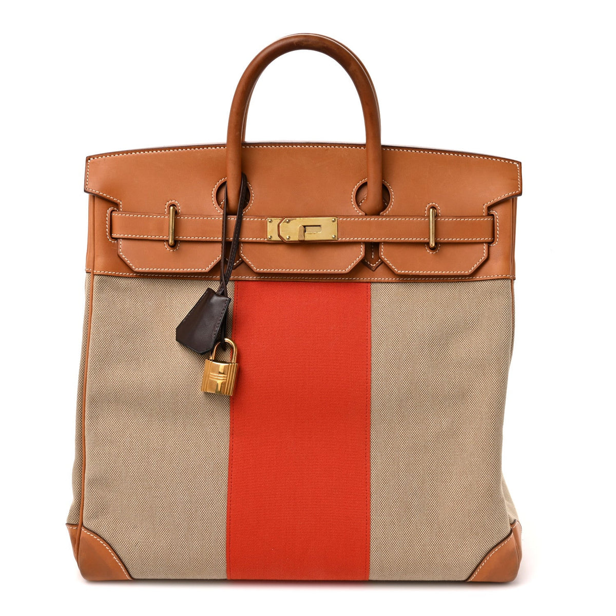 Hermes Birkin 40 Haut A Courroies HAC Fauve Paprika Barenia / Toile Gold Hardware