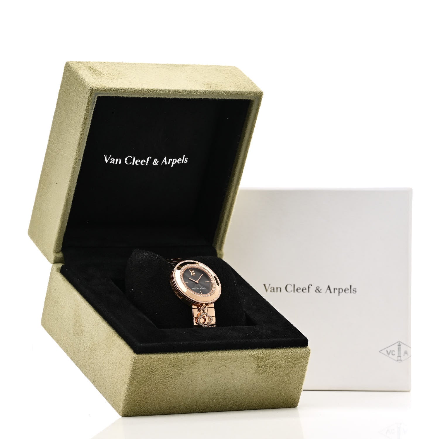 Van Cleef & Arpels 18K Rose Gold Diamond Bezel 32mm Charm Quartz Watch in Black