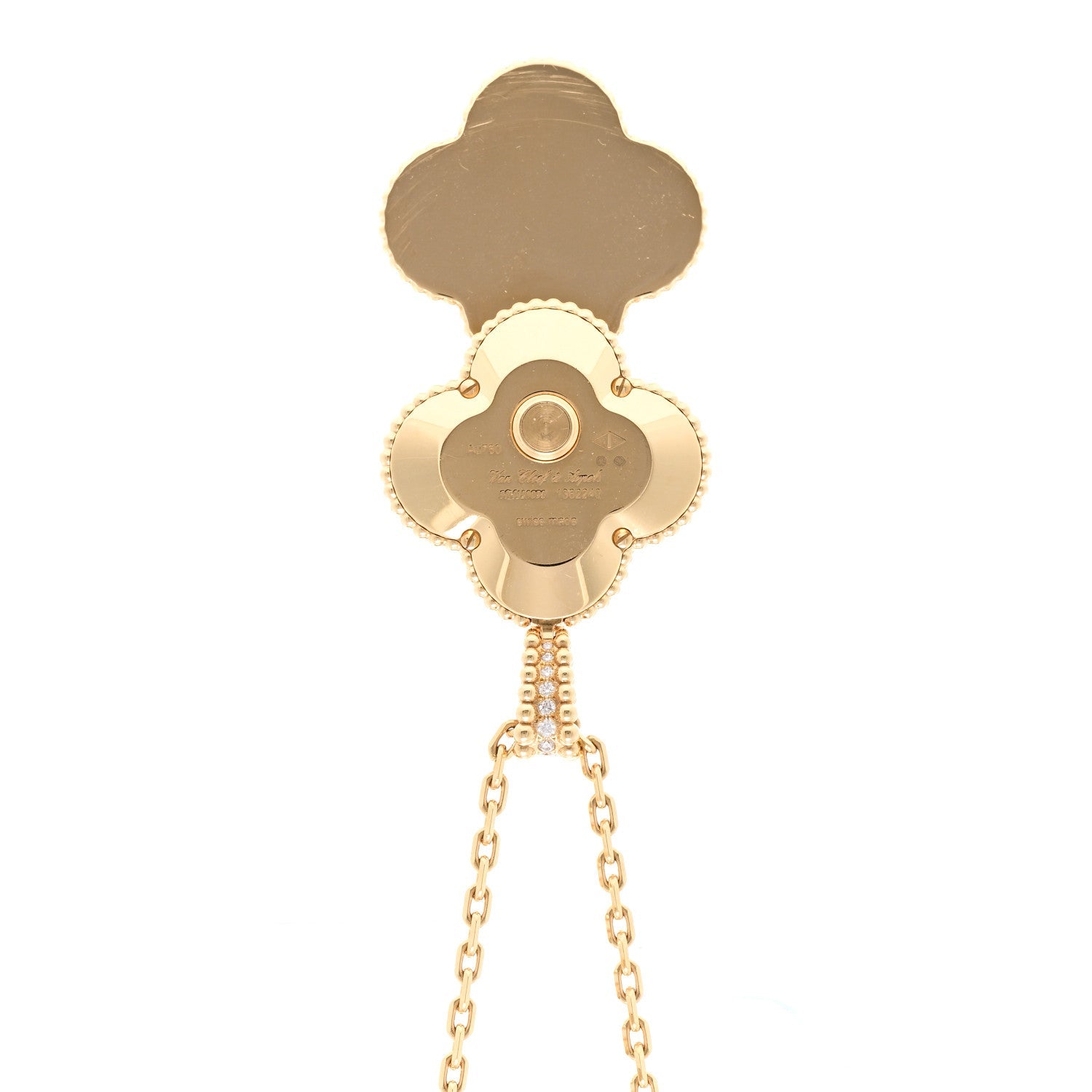 Van Cleef & Arpels 18K Yellow Gold Diamond Turquoise Mother-of-Pearl 28mm Alhambra Secret Pendant Quartz Watch