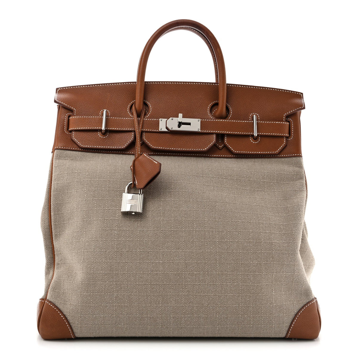 Hermes Birkin 40 Haut A Courroies HAC Ficelle Fauve Barenia / Toile Silver Hardware
