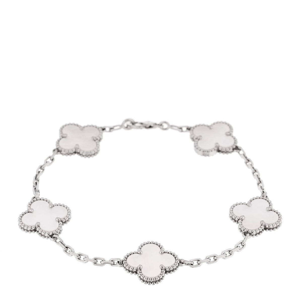 VAN CLEEF & ARPELS VINTAGE ALHAMBRA 5 MOTIFS BRACELET MOTHER OF PEARL 18K WHITE GOLD