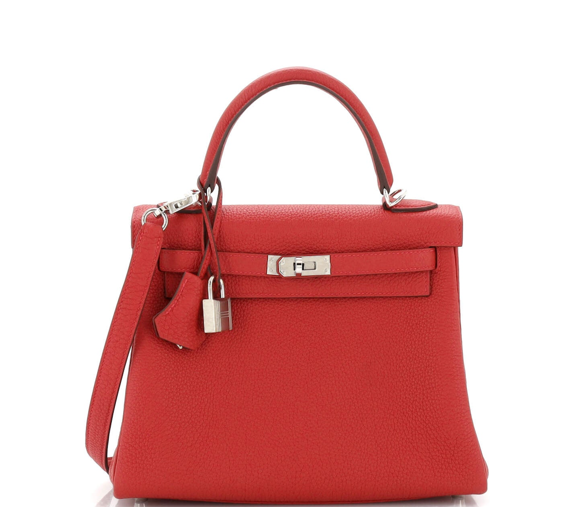 HERMES KELLY 25 RETOURNE ROUGE CASAQUE TOGO SILVER HARDWARE