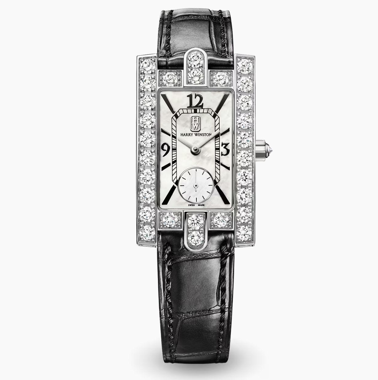 HARRY WINSTON AVENUE CLASSIC DIAMOND 18K WHITE GOLD MOTHER OF PEARL MATTE BLACK ALLIGATOR STRAP