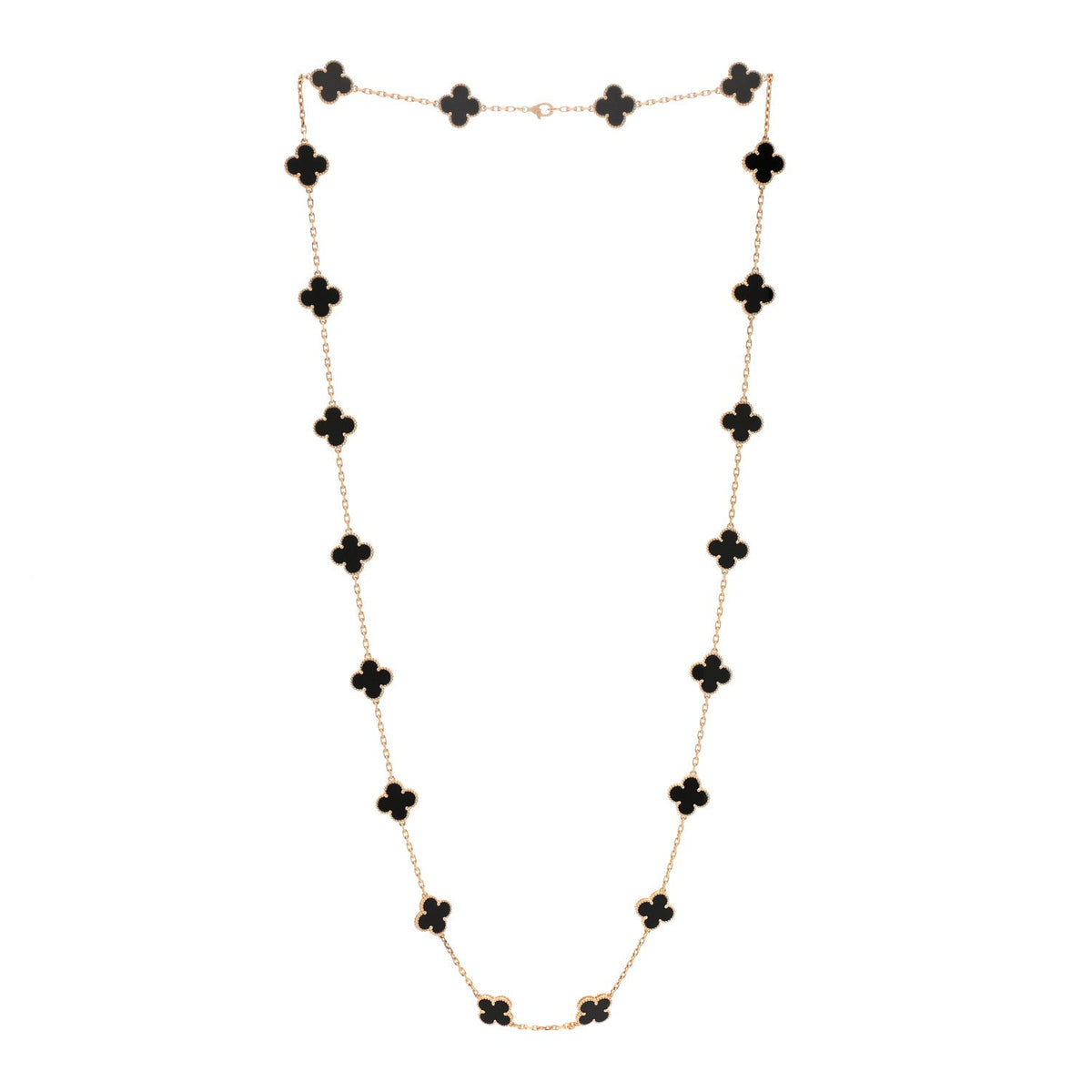 VAN CLEEF & ARPELS VINTAGE ALHAMBRA 20 MOTIFS NECKLACE BLACK ONYX 18K YELLOW GOLD