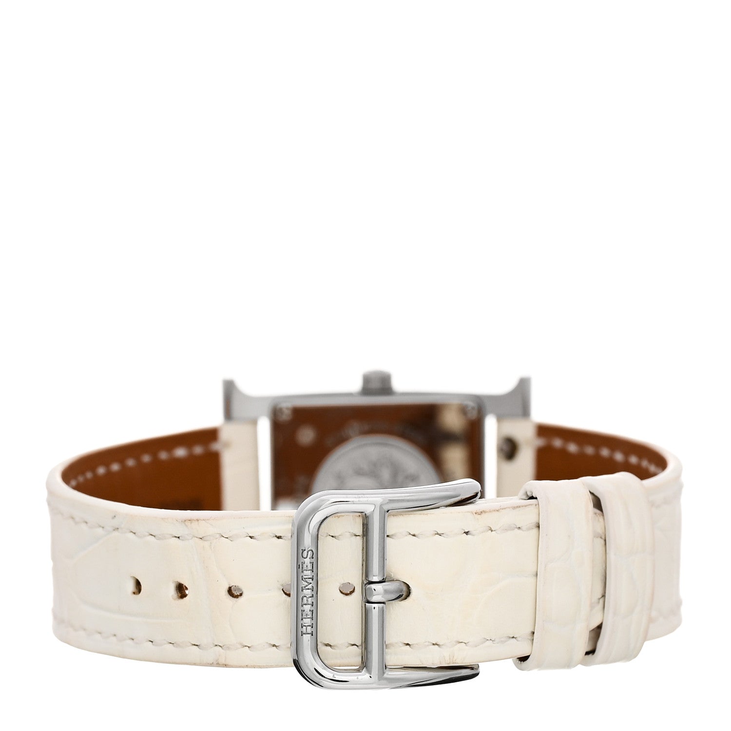 HERMES H WATCH 21mm STAINLESS STELL BLANC ALLIGATOR
