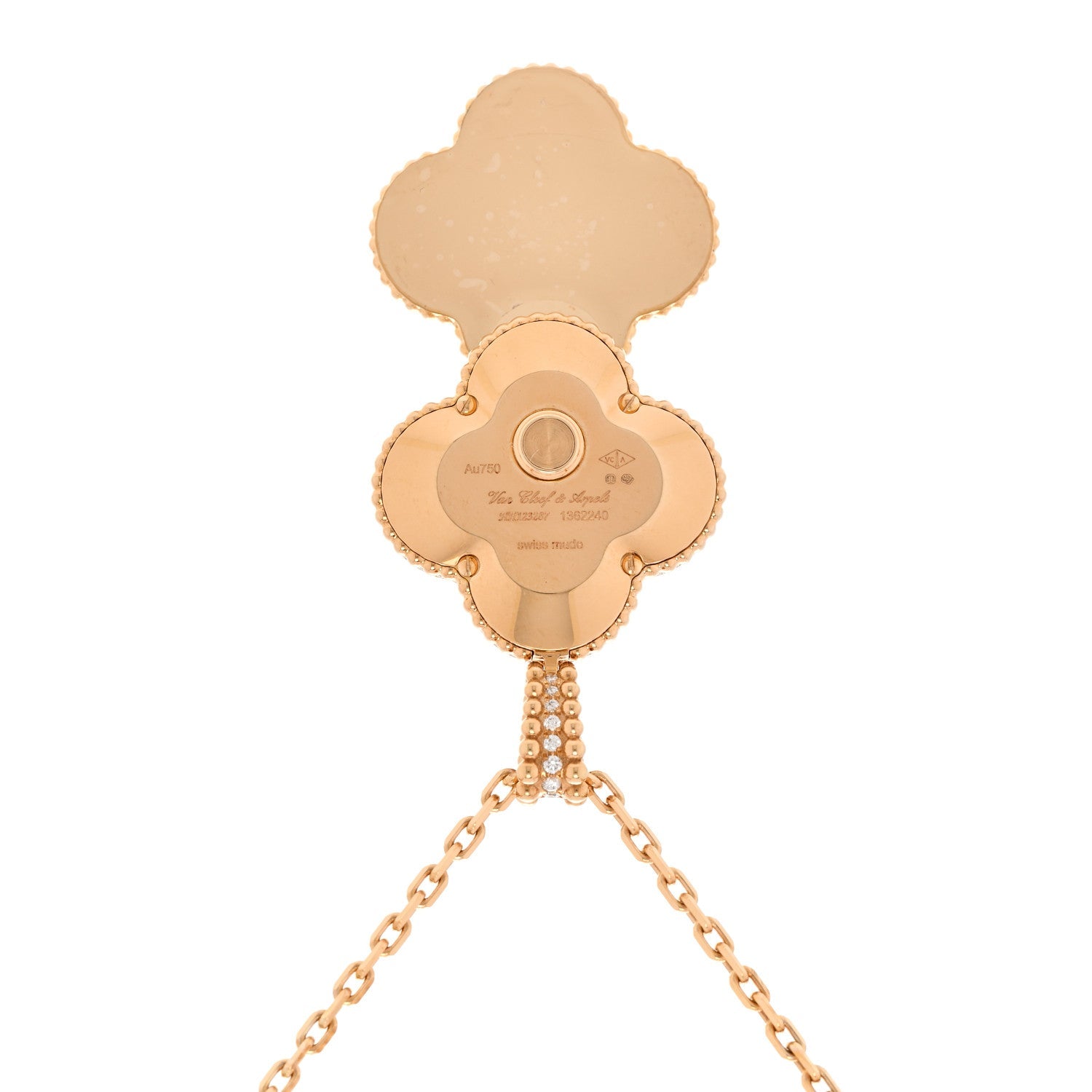 Van Cleef & Arpels 18K Yellow Gold Diamond Turquoise Mother-of-Pearl 28mm Alhambra Secret Pendant Quartz Watch