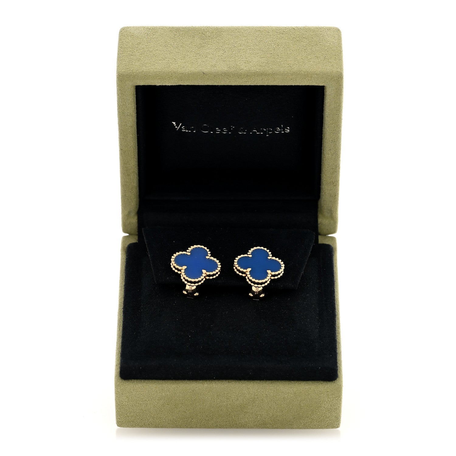 Van Cleef & Arpels 18K Yellow Gold Blue Agate Vintage Alhambra Earrings