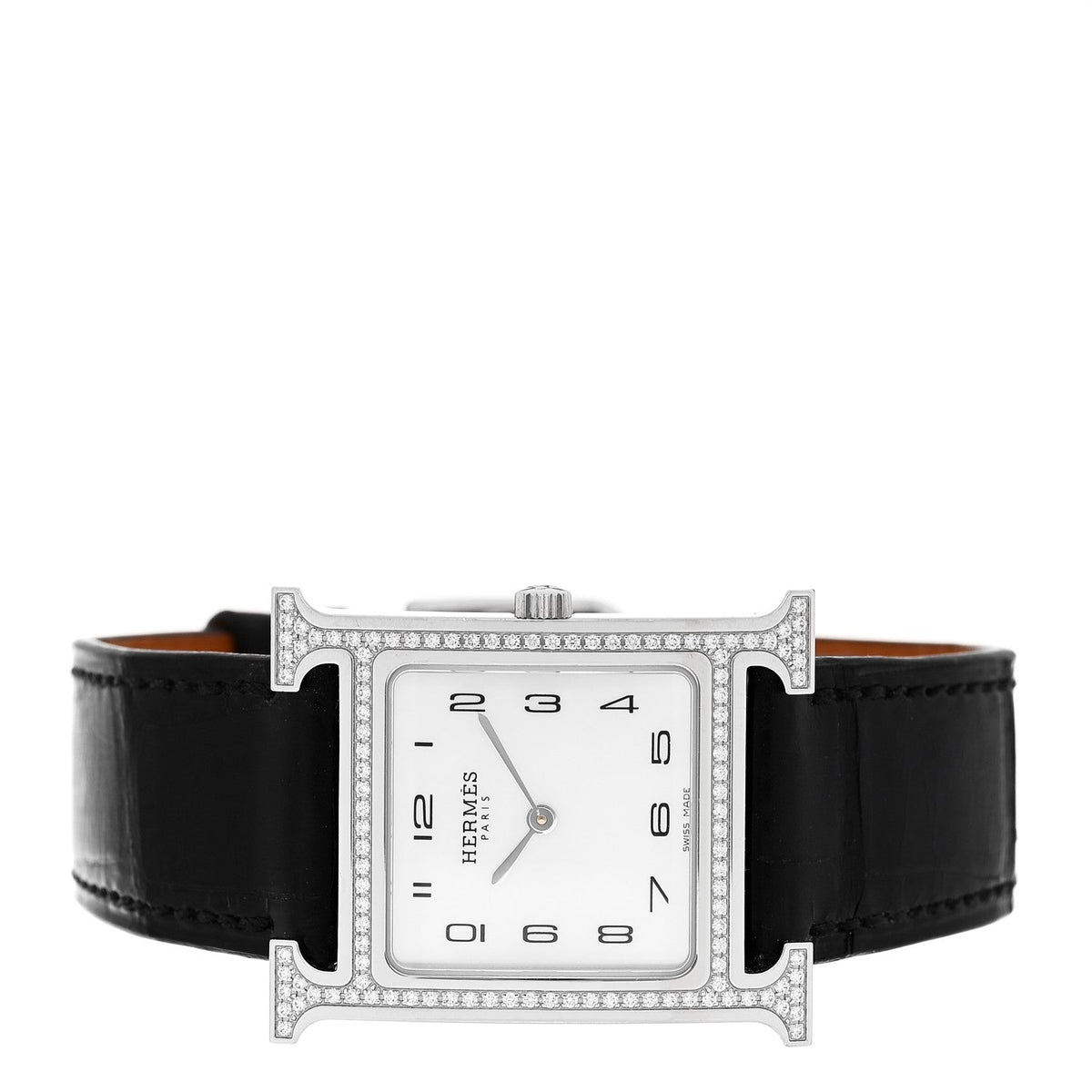 Hermes H 26MM Quartz Watch Noir Alligator Stainless Steel