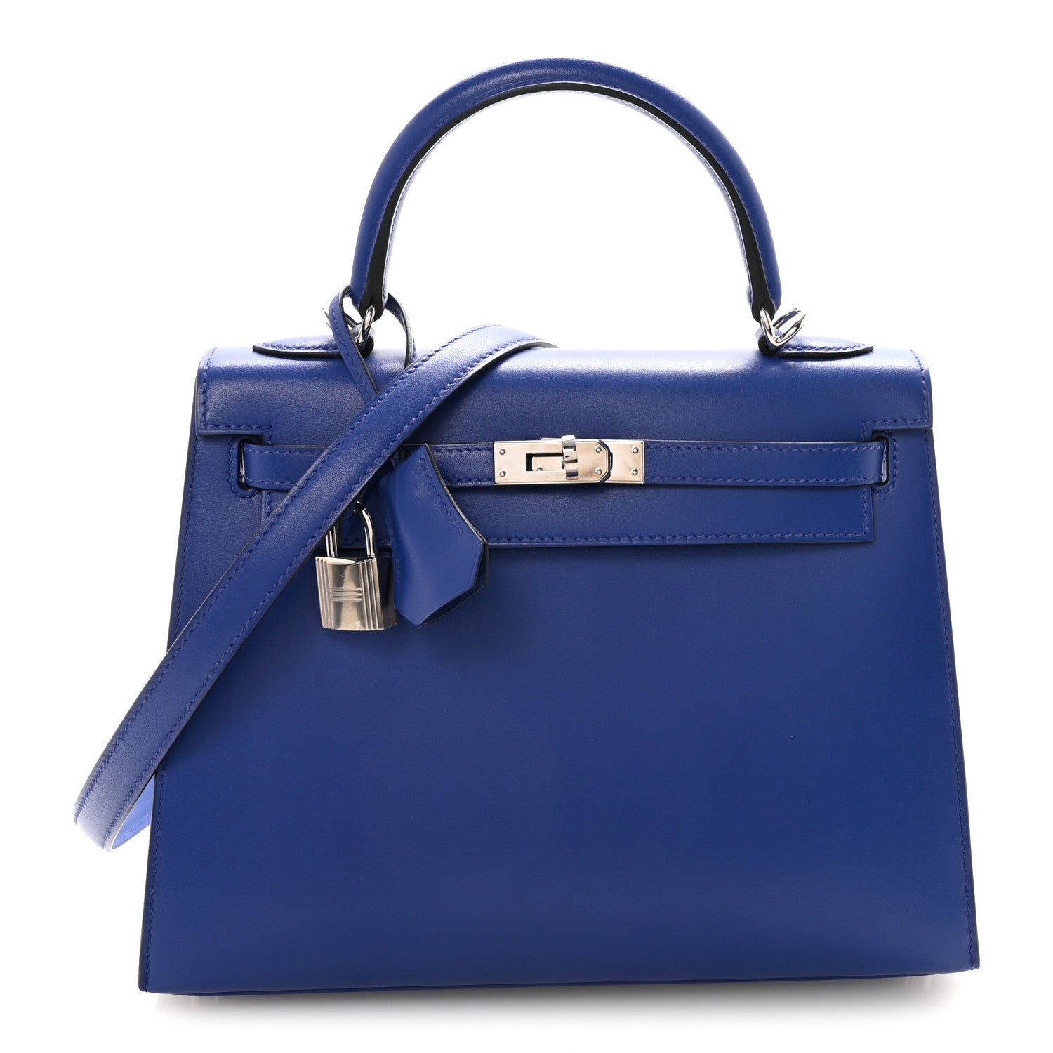 HERMES KELLY 25 SELLIER BLEU ELECTRIQUE BOX SILVER HARDWARE