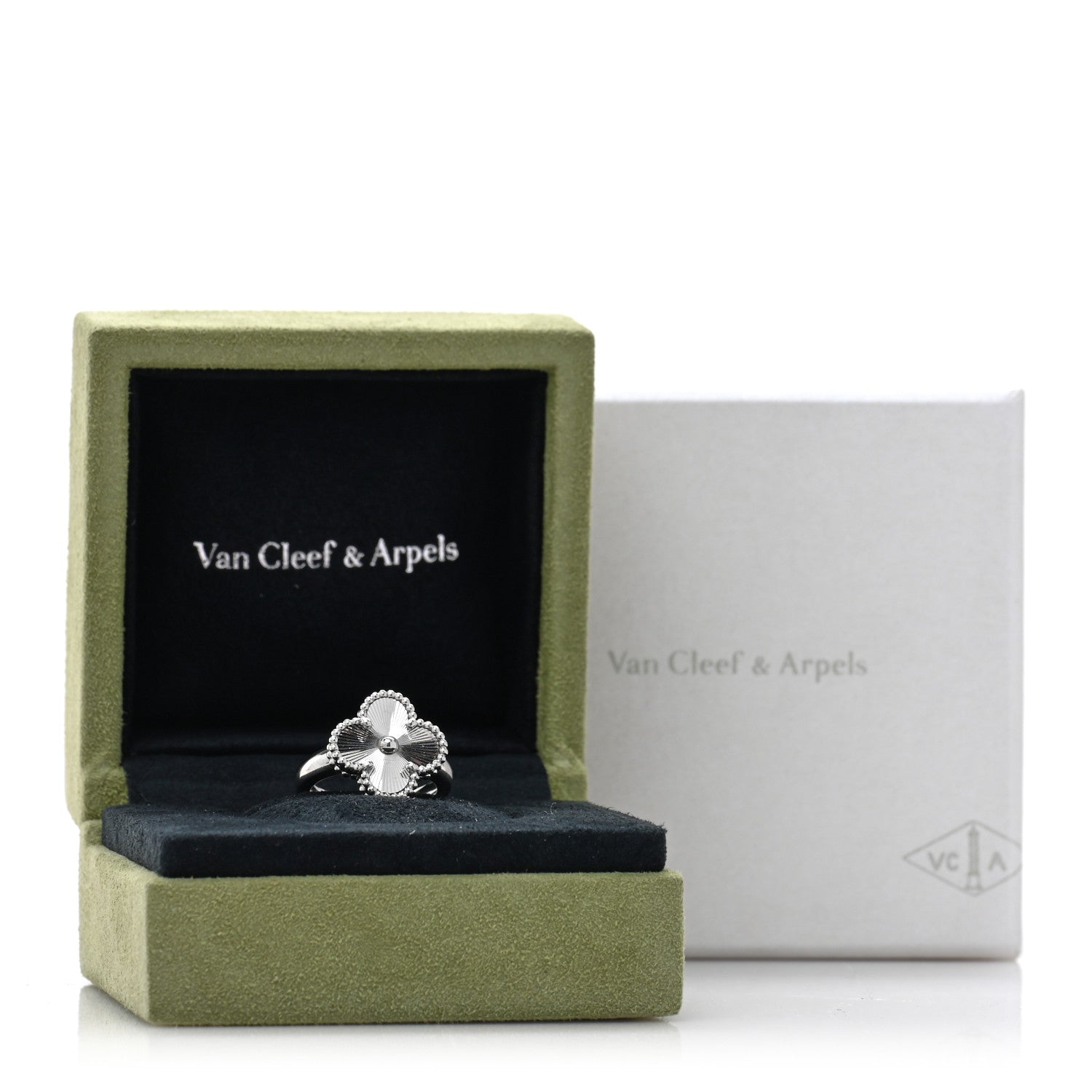 Van Cleef & Arpels 18K White Gold Guilloche Vintage Alhambra Ring, Size 50, 5.25