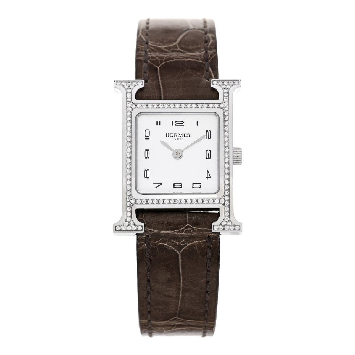 Hermes Heure H 21MM Quartz Watch Gris Elephant Alligator Stainless Steel