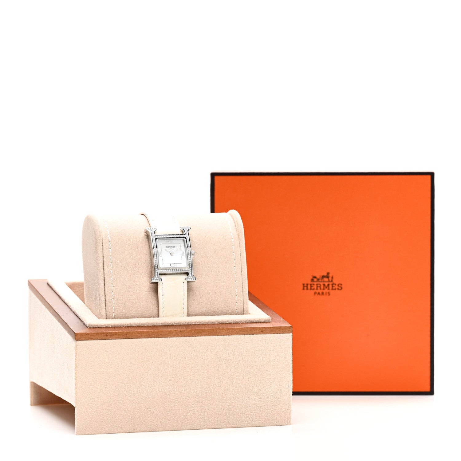 HERMES H WATCH 21mm STAINLESS STELL BLANC ALLIGATOR