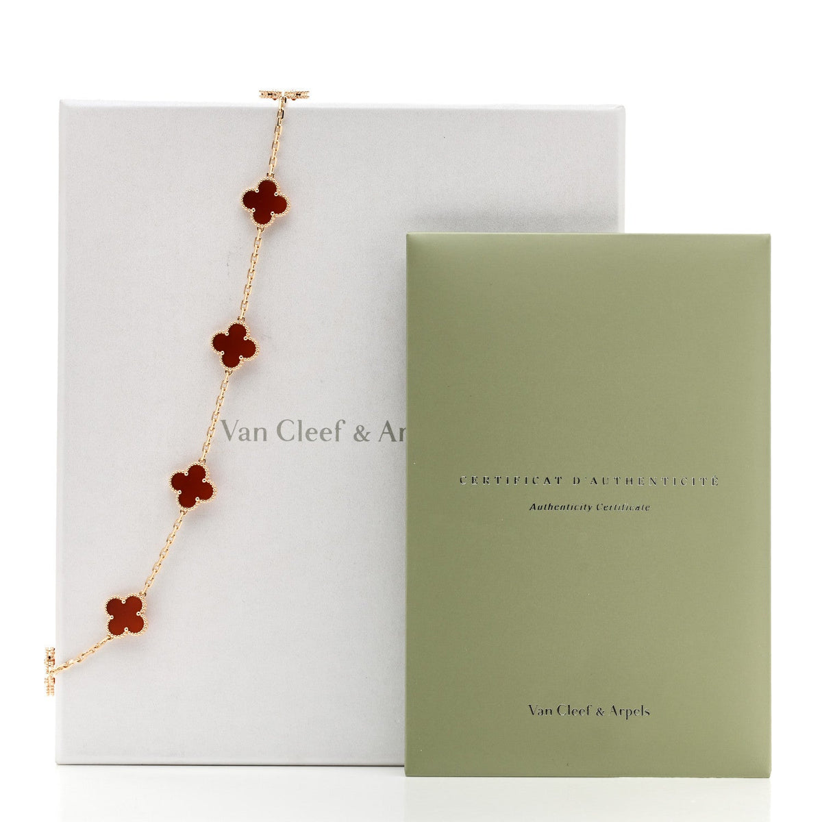 VAN CLEEF & ARPELS VINTAGE ALHAMBRA 10 MOTIFS NECKLACE CARNELIAN 18K YELLOW GOLD