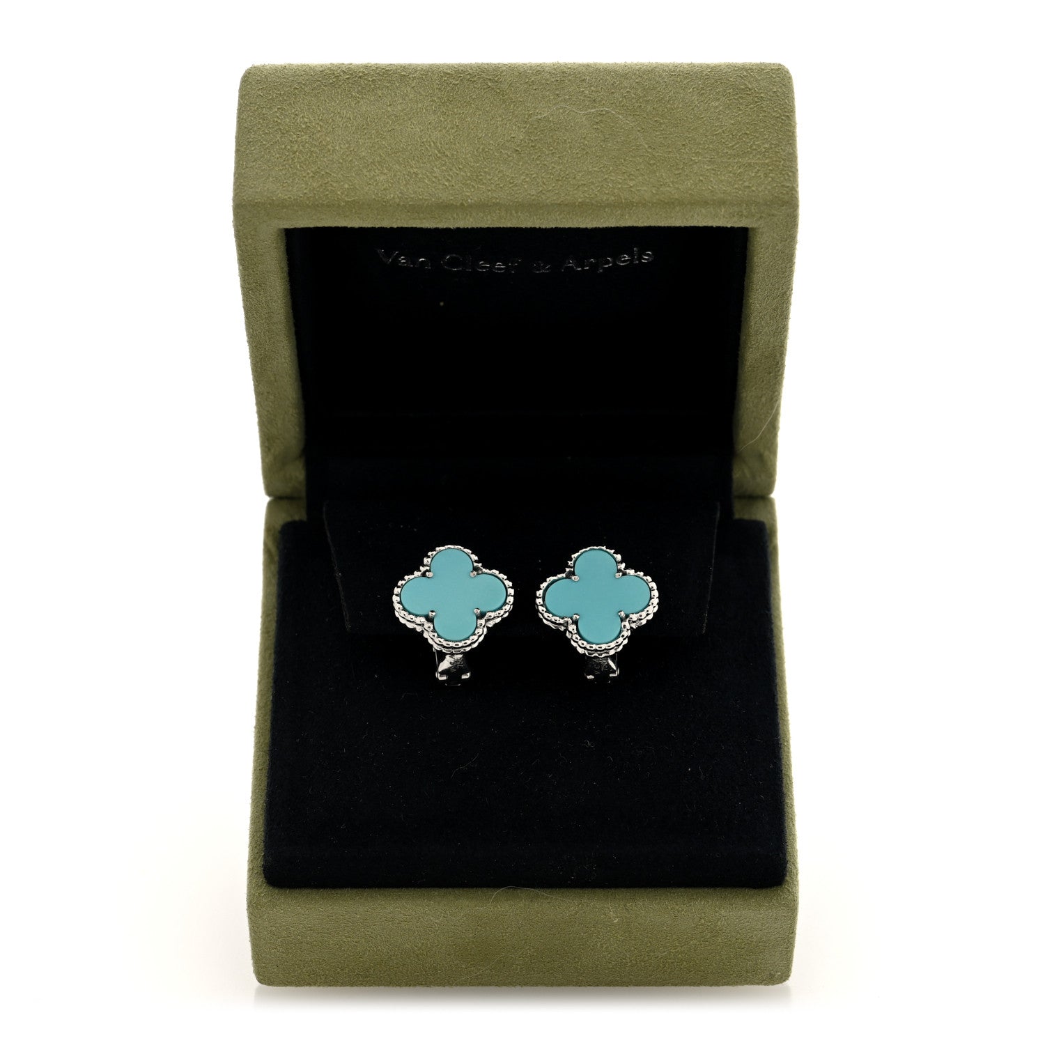 Van Cleef & Arpels 18K White Gold Turquoise Vintage Alhambra Earrings