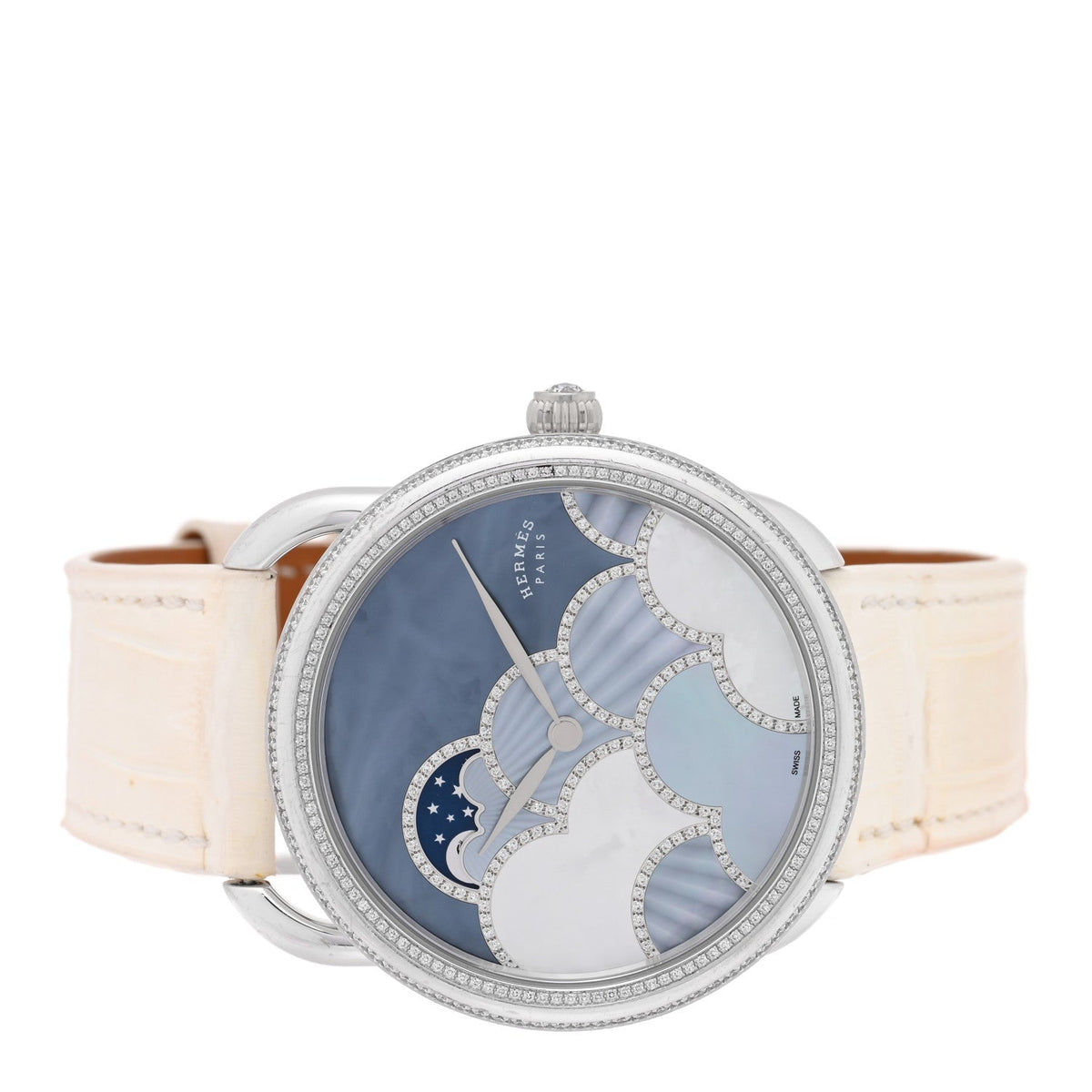 Hermes Arceau Petite Lune 38MM Watch 18K Blanc Alligator White Gold