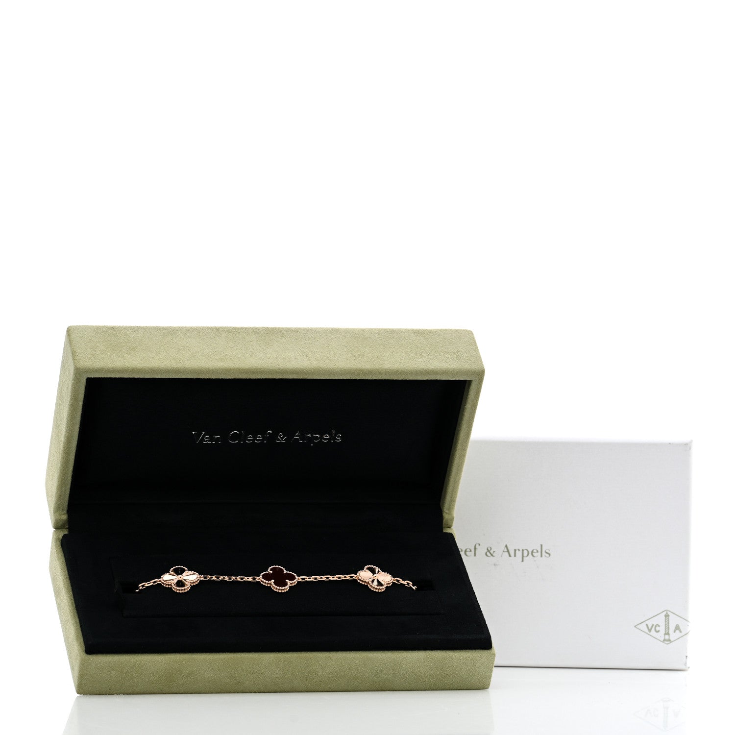 Van Cleef & Arpels 18K Rose Gold Carnelian 5-Motif Guilloche Vintage Alhambra Bracelet