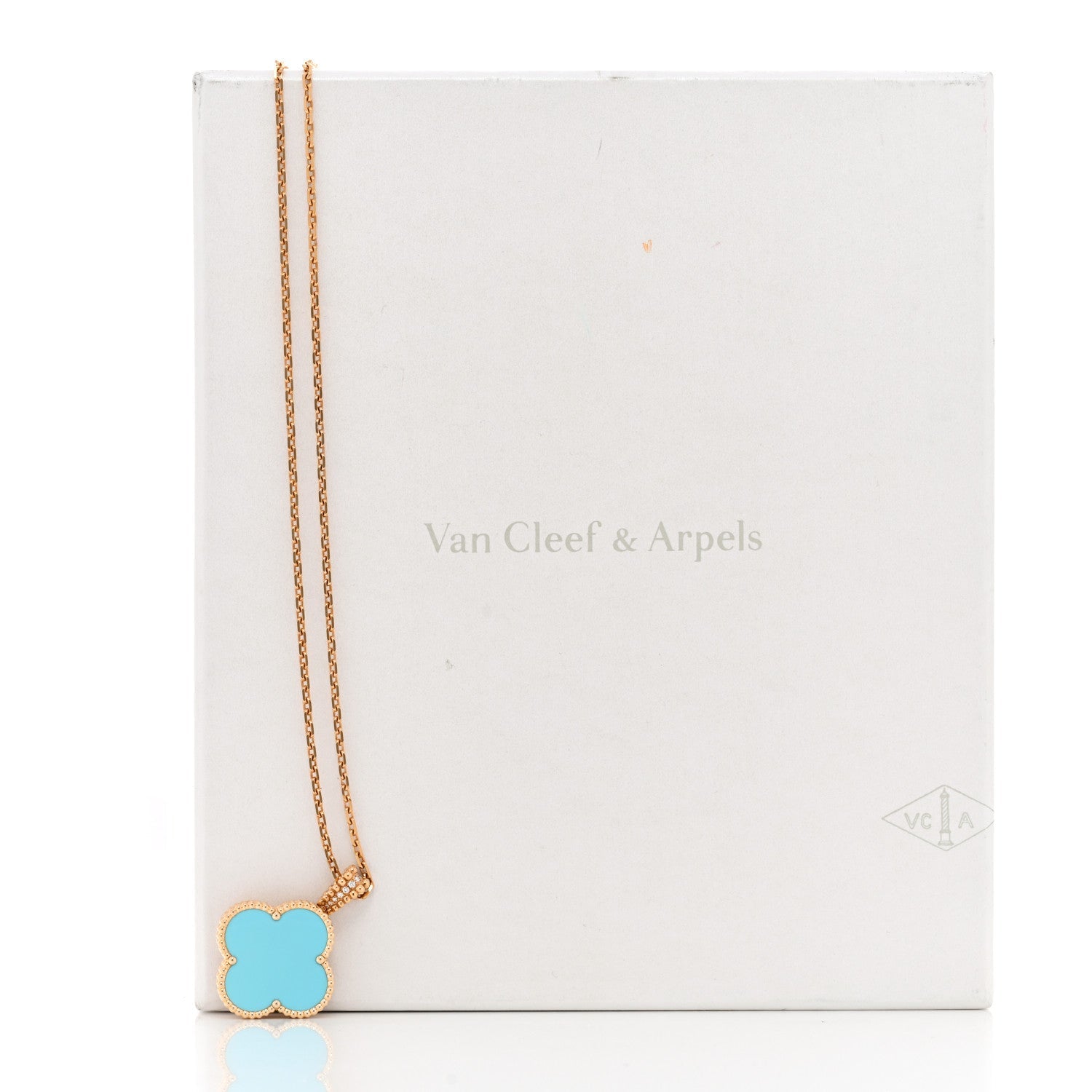 Van Cleef & Arpels 18K Yellow Gold Diamond Turquoise Mother-of-Pearl 28mm Alhambra Secret Pendant Quartz Watch