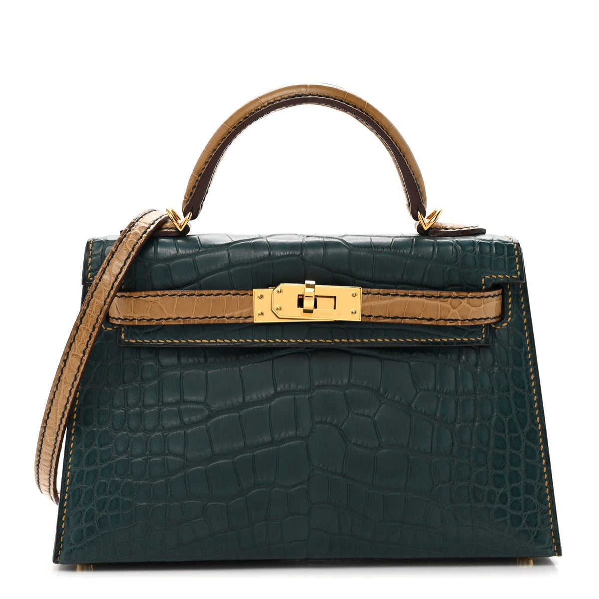 Hermès Mini Kelly 20 HSS Personal Order Sellier Vert Cypress Kraft Matte Alligator, Gold Hardware