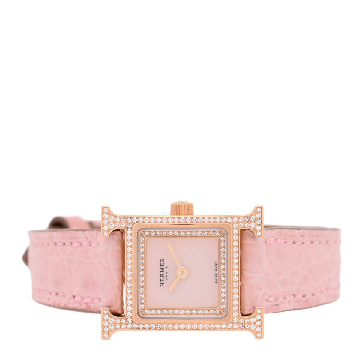 Hermes Heure H 21MM Quartz Watch Rose Pale Alligator 18K Rose Gold