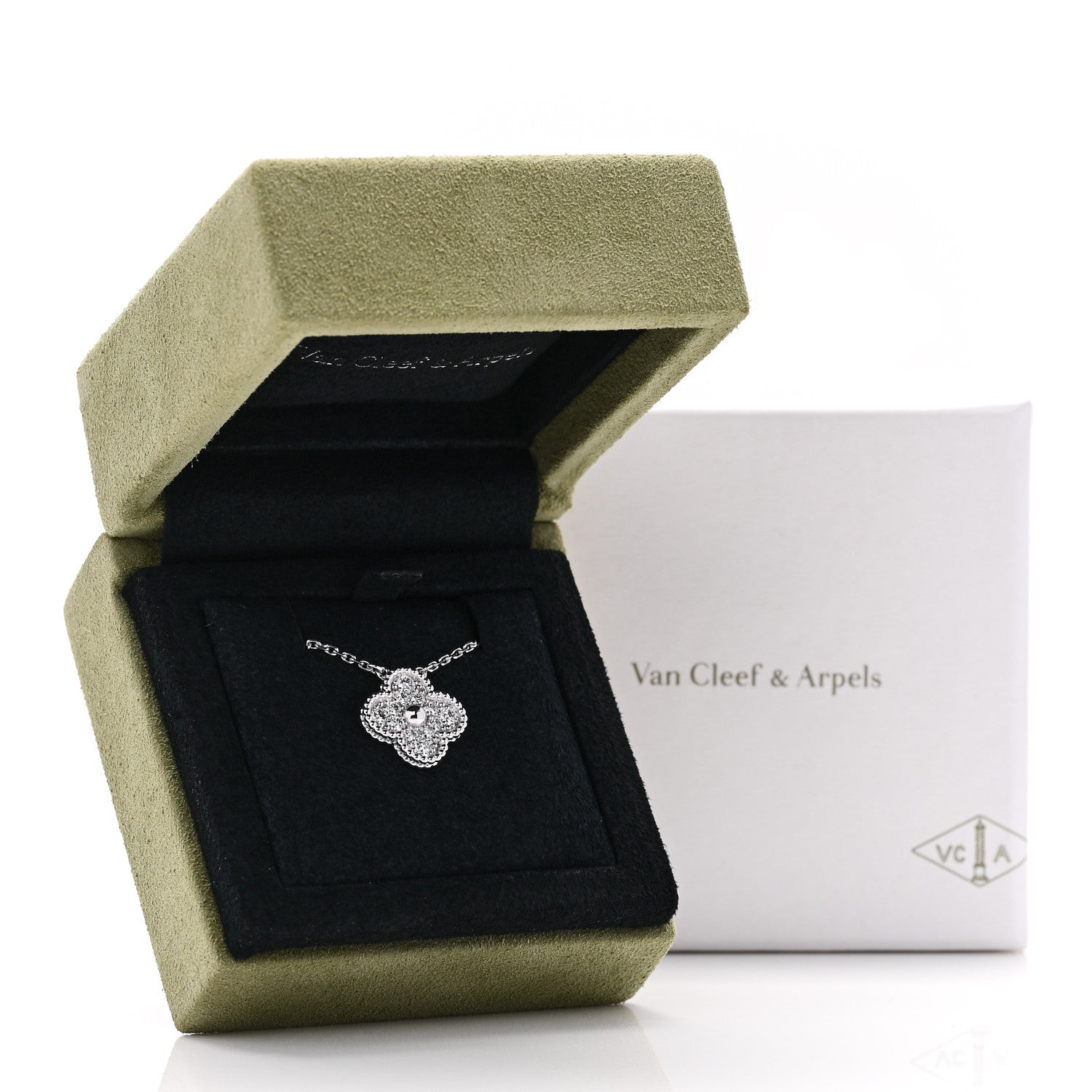 Van Cleef & Arpels 18K White Gold Diamond Vintage Alhambra Pendant Necklace