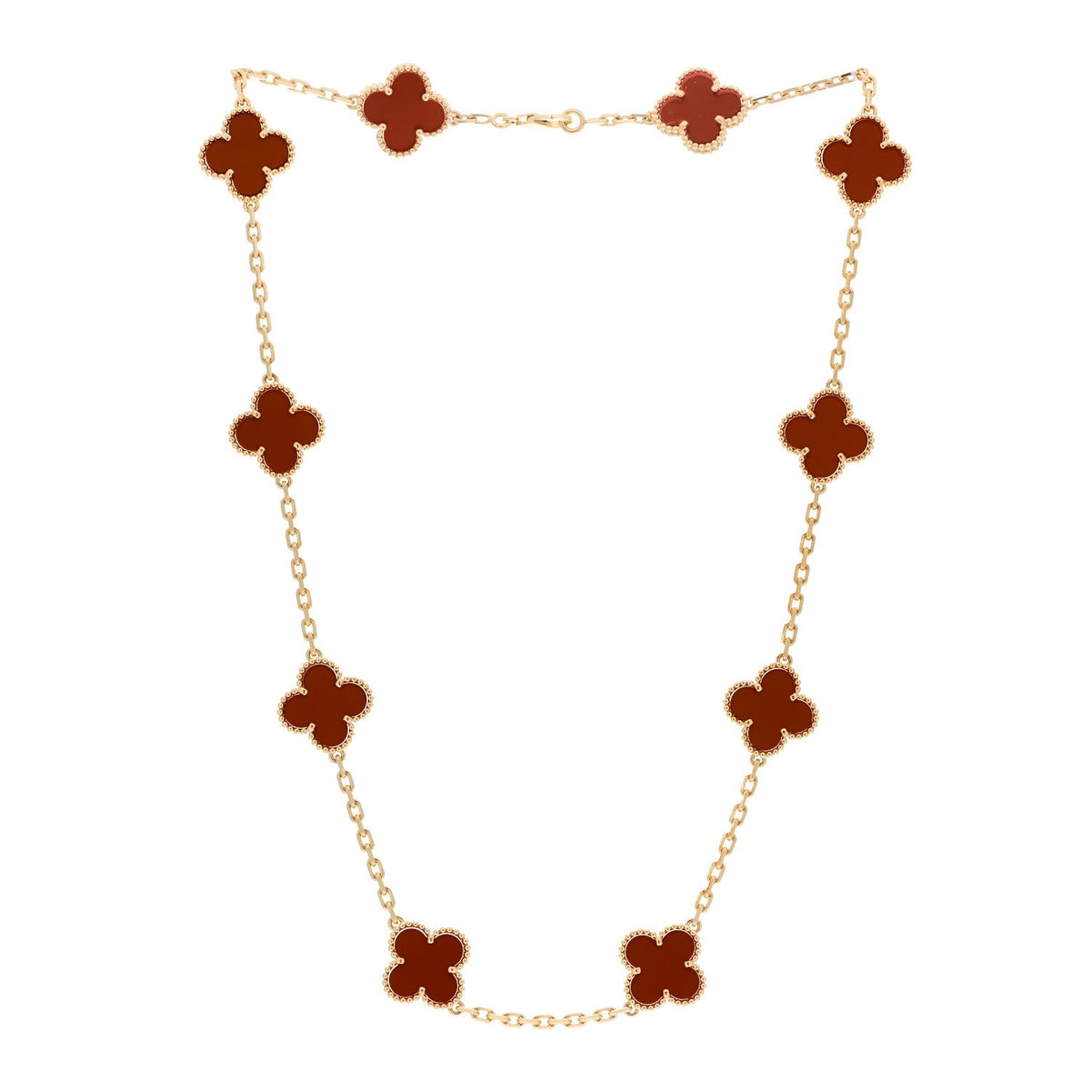 VAN CLEEF & ARPELS VINTAGE ALHAMBRA 10 MOTIFS NECKLACE CARNELIAN 18K YELLOW GOLD