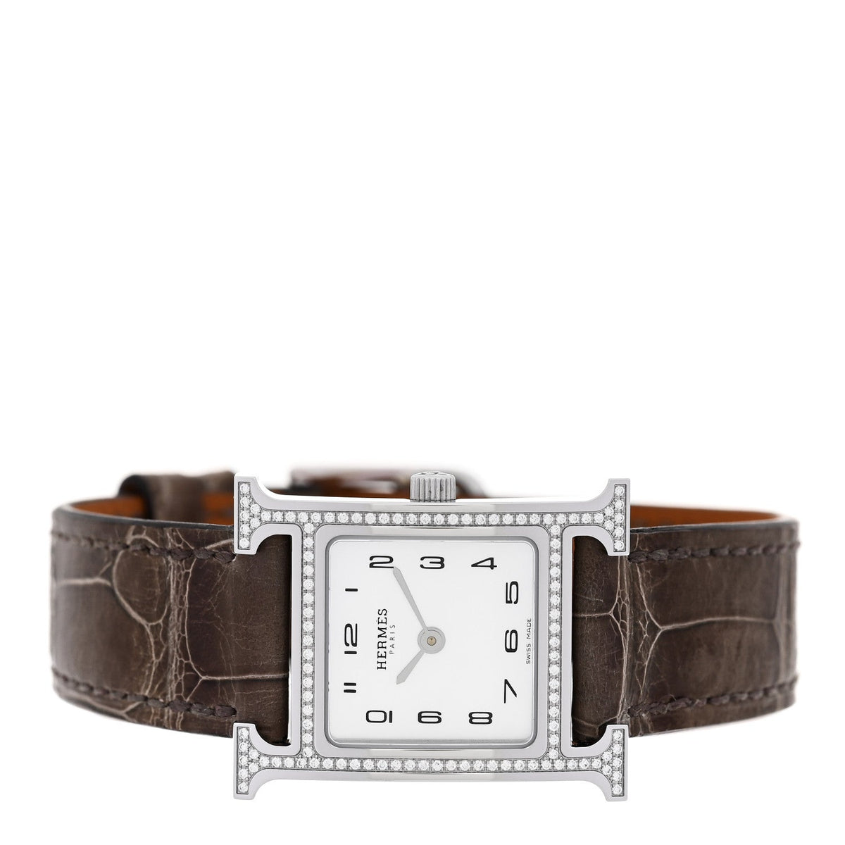 Hermes Heure H 21MM Quartz Watch Gris Elephant Alligator Stainless Steel