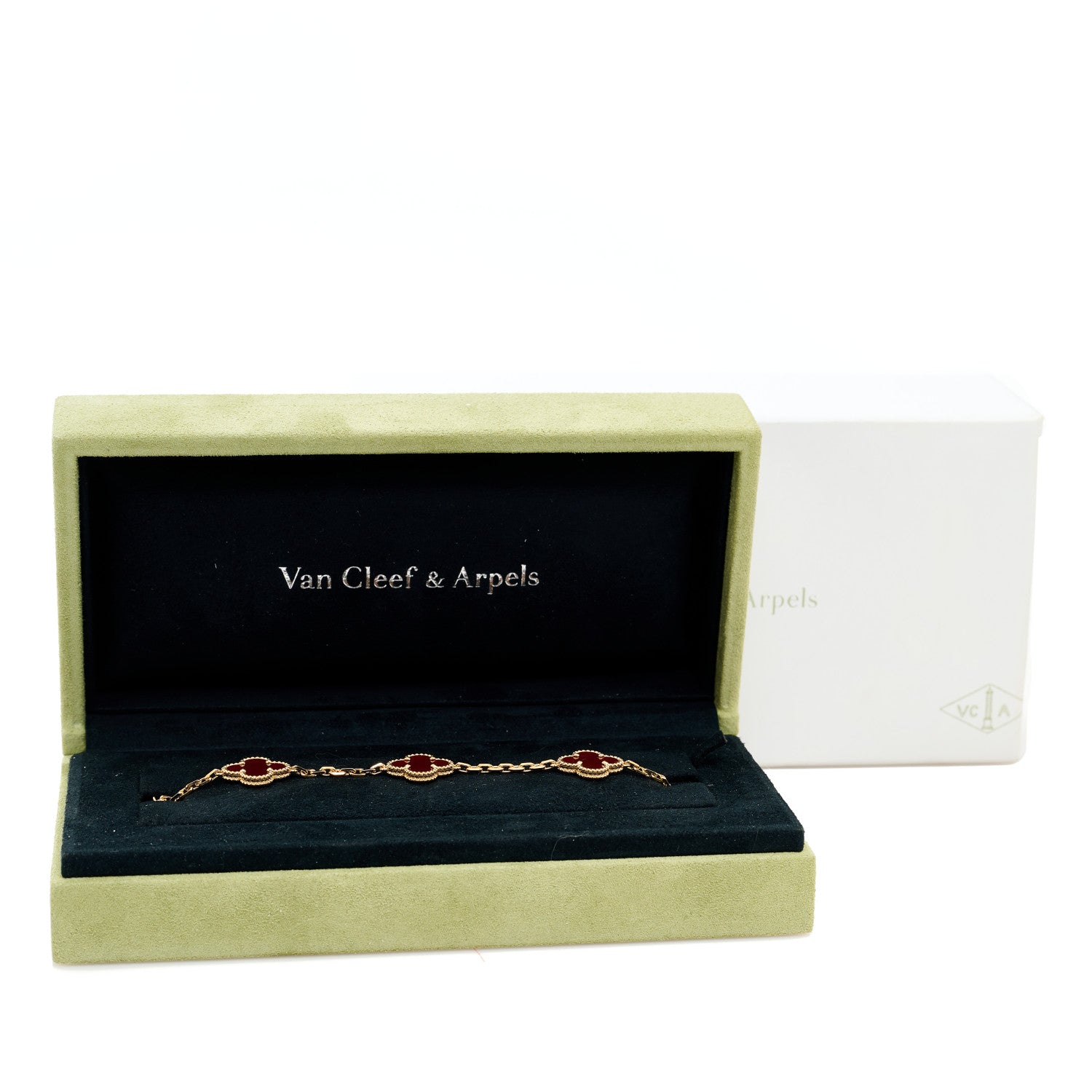 Van Cleef & Arpels 18K Yellow Gold Carnelian 5 Motif Vintage Alhambra Bracelet