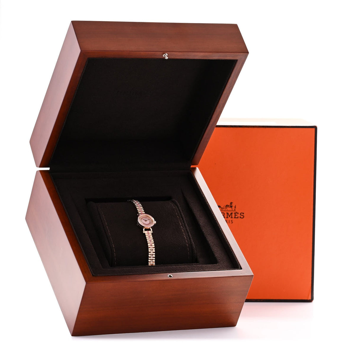 Hermes Faubough 16MM Quartz Watch Diamonds and Pink Sapphires 18K Rose Gold
