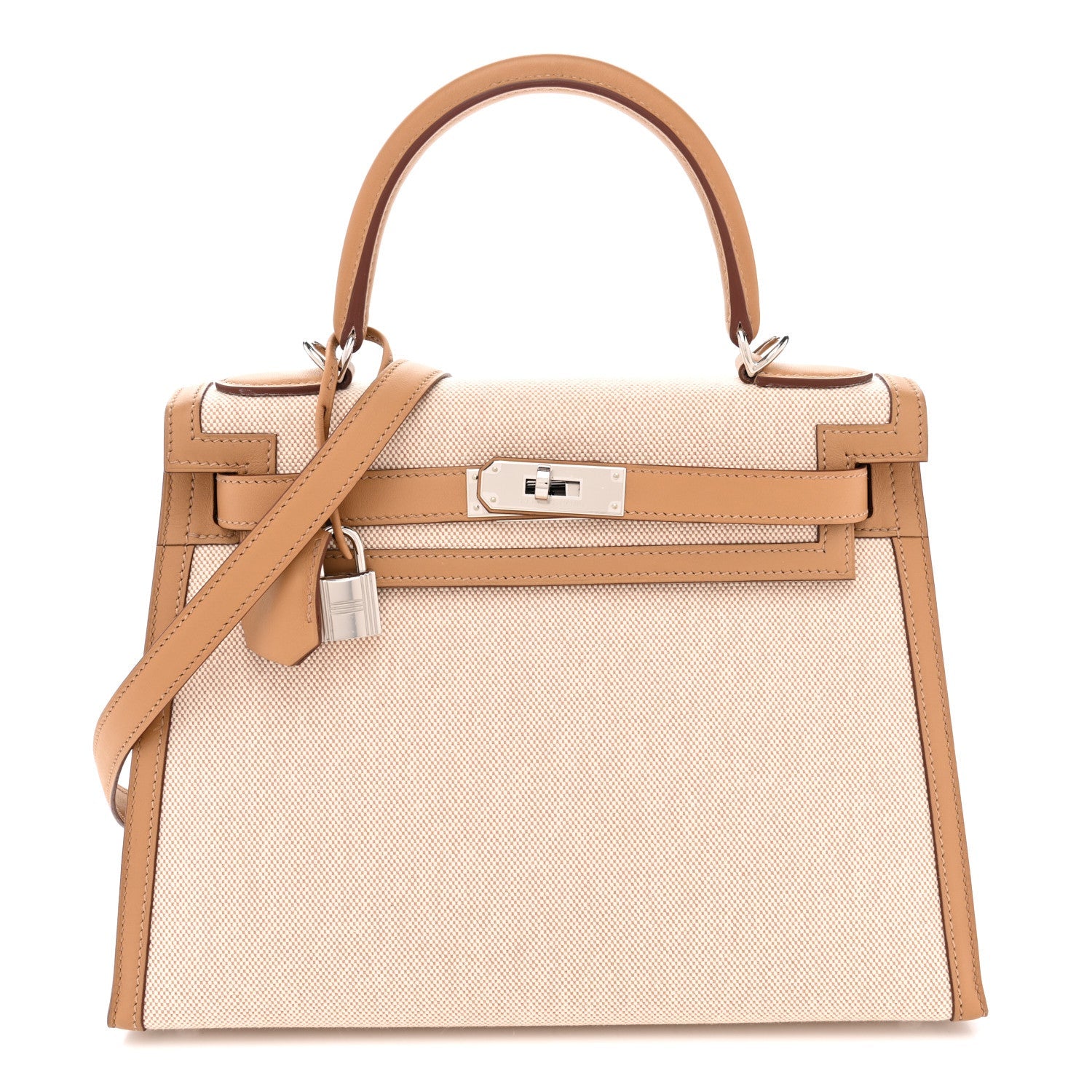 HERMES KELLY 28 SELLIER ECRU BISCUIT TOILE H / SWIFT SILVER HARDWARE
