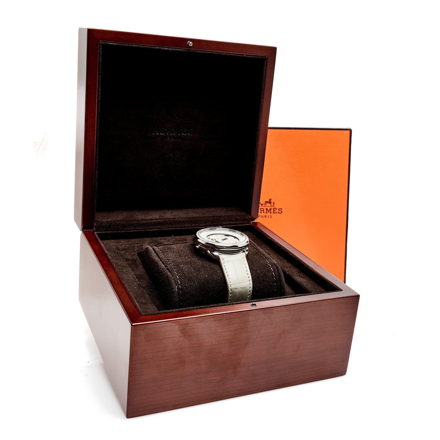 HERMES ARCEAU WATCH 38mm STAINLESS STEEL GRIS PERLE ALLIGATOR