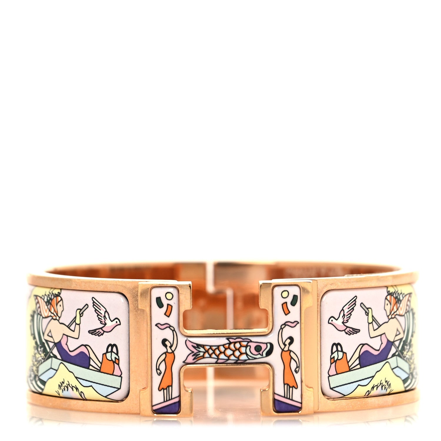 Hermès Enamel Print Wide "Les Popopées de Hermès" Clic Clac H Bracelet GM Rose Dragee