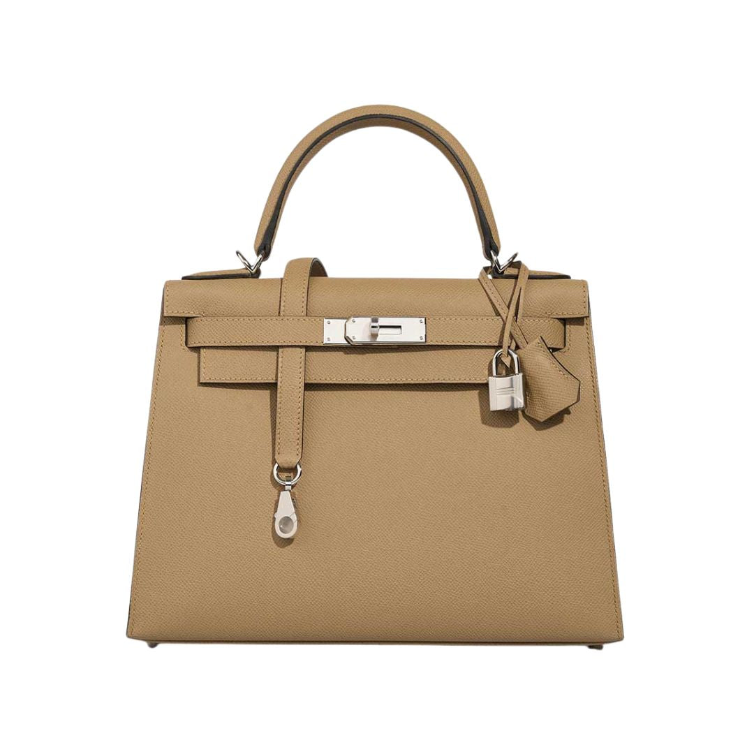 HERMES KELLY 25 PUSSIERE EPSOM SILVER HARDWARE Poussiere