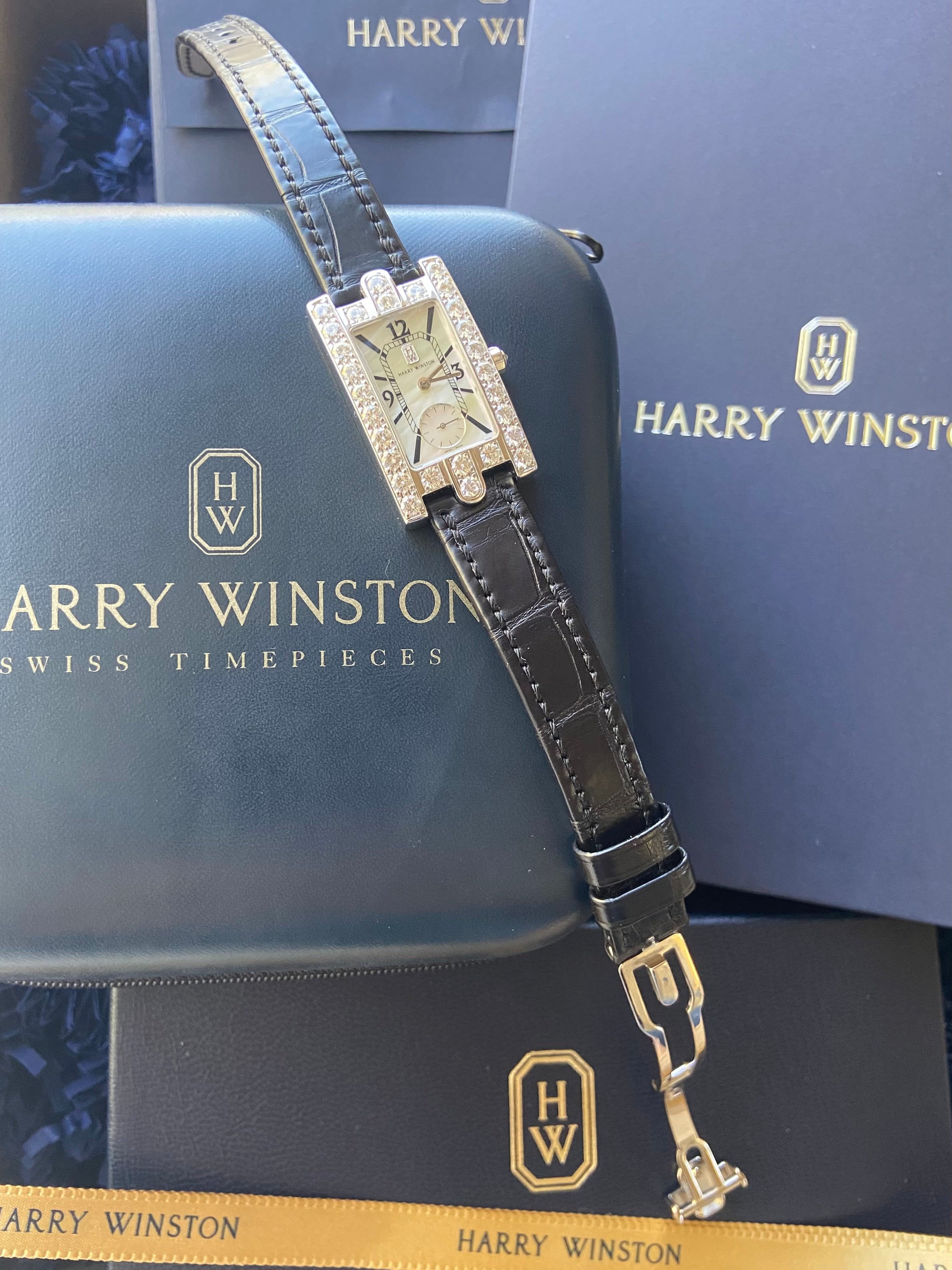HARRY WINSTON AVENUE CLASSIC DIAMOND 18K WHITE GOLD MOTHER OF PEARL MATTE BLACK ALLIGATOR STRAP