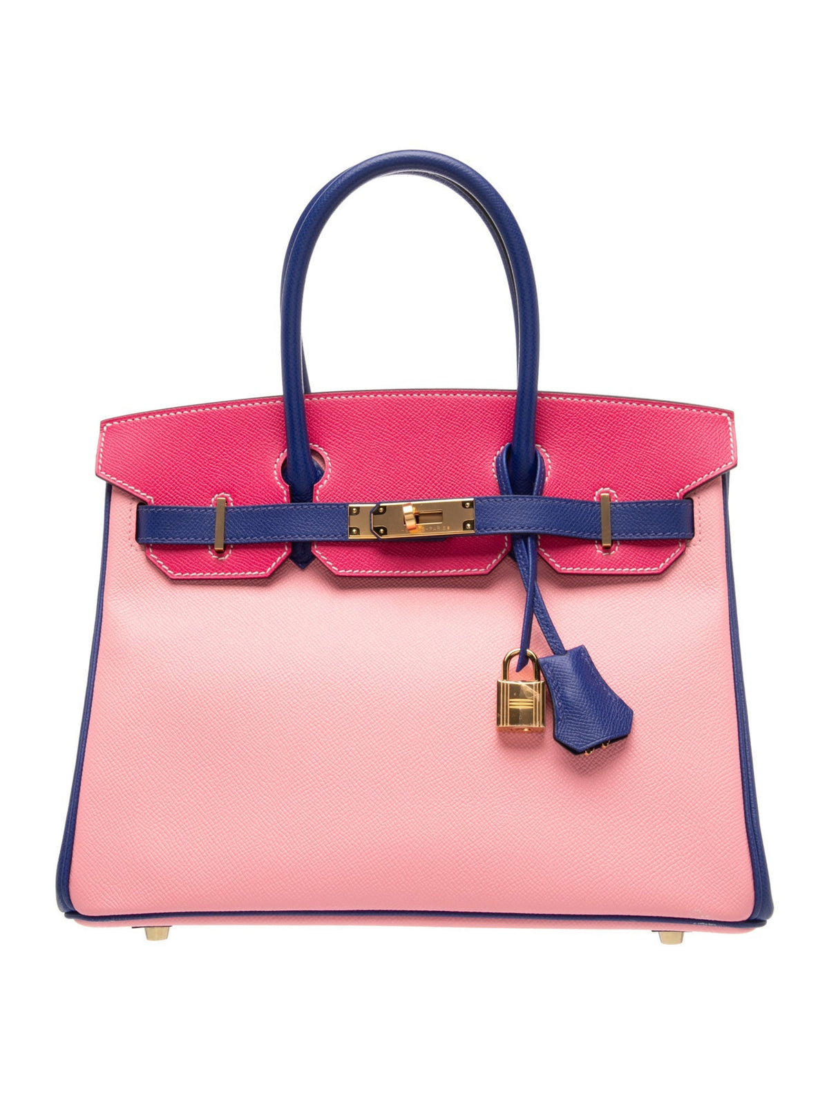 Hermes Birkin 30 Rose Confetti / Rose Tyrien / Bleu Electrique Epsom Gold Hardware