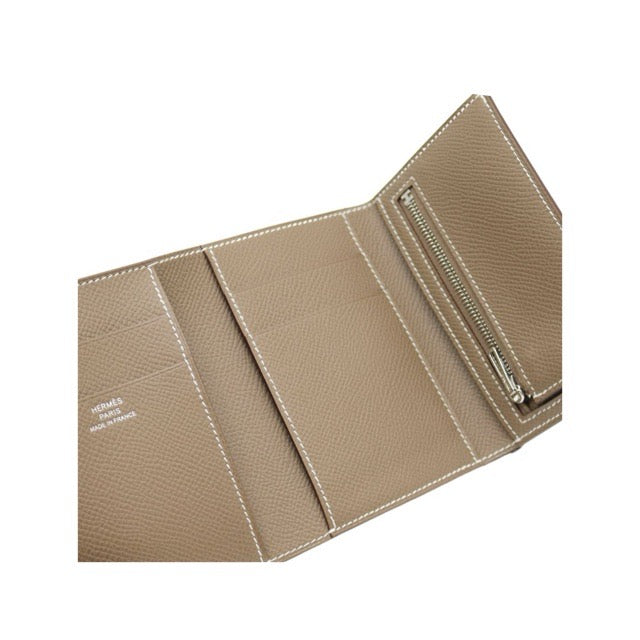 HERMES BEARN COMBINE TRI-FOLD WALLET ETOUPE EPSOM SILVER HARDWARE