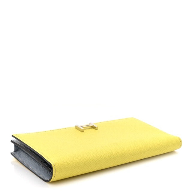 HERMES SOUFFLE LONG WALLET WITH GUSSET LIME BLEU LIN EPSOM SILVER HARDWARE