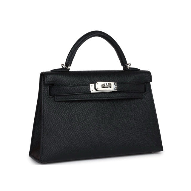 HERMES MINI KELLY 2 SELLIER 20 BLACK EPSOM SILVER HARDWARE