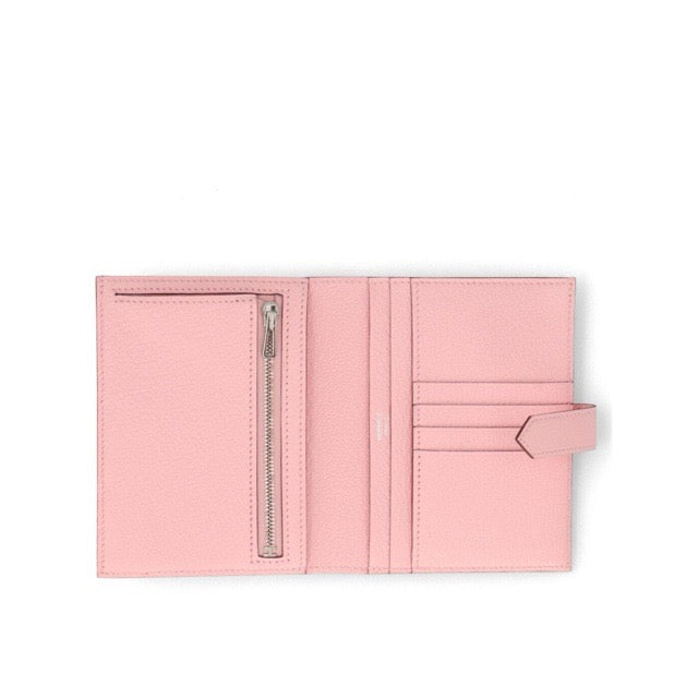 HERMES BEARN COMPACT FOLDING WALLET ROSE SAKURA CHEVRE SILVER HARDWARE