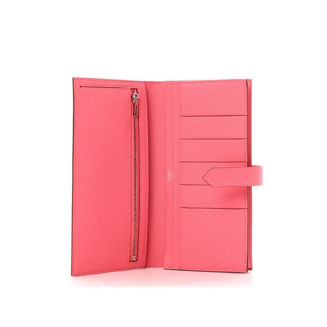 HERMES BEARN SOUFFLE GUSSET LONG WALLET ROSE AZALEE EPSOM SILVER HARDWARE