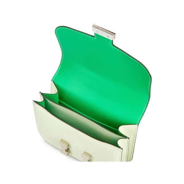 HERMES MINI CONSTANCE 18 MIRROR VERSO VERT FIZZ VERT COMICS CHEVRE SILVER HARDWARE