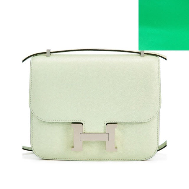 HERMES MINI CONSTANCE 18 MIRROR VERSO VERT FIZZ VERT COMICS CHEVRE SILVER HARDWARE