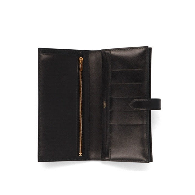 HERMES BEARN GUSSET LONG WALLET BLACK BOX CALFSKIN GOLD HARDWARE