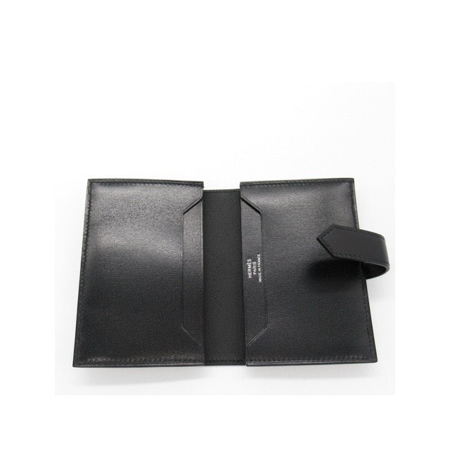 HERMES BEARN CARD HOLDER CARD CASE BLACK BOX CALFSKIN SILVER HARDWARE