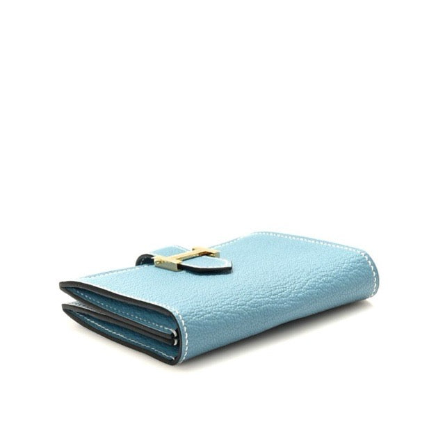 HERMES BEARN CARD HOLDER CARD CASE NEW BLEU JEAN CHEVRE MYSORE GOLD HARDWARE