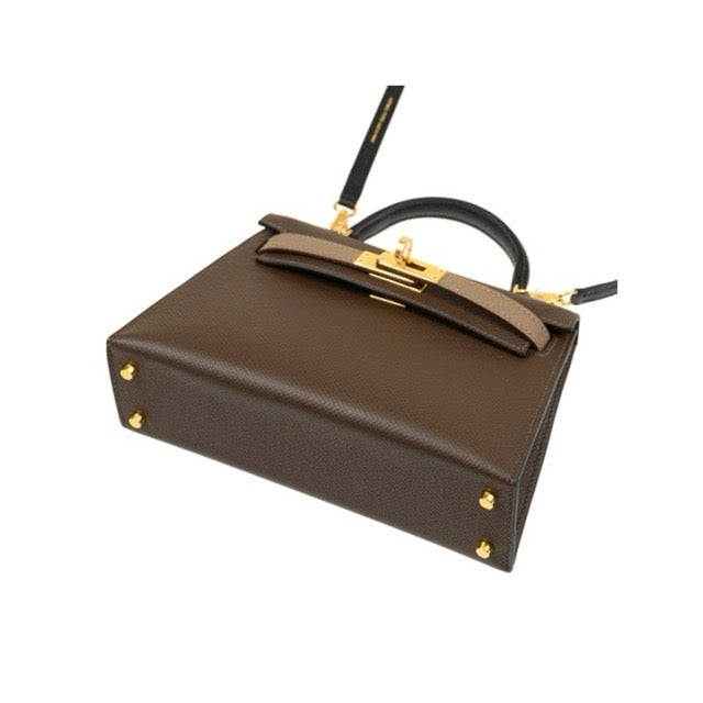HERMES MINI KELLY 2 SELLIER 20 TRI-COLOR ECORCE ETOUPE BLACK NOIR EPSOM GOLD HARDWARE