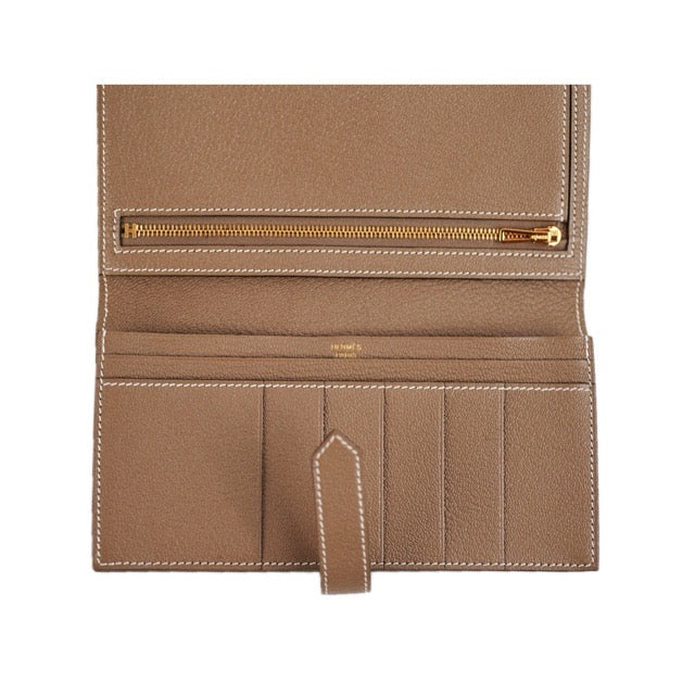 HERMES BEARN SOUFFLE GUSSET LONG WALLET ETOUPE CHEVRE MYSORE GOLD HARDWARE