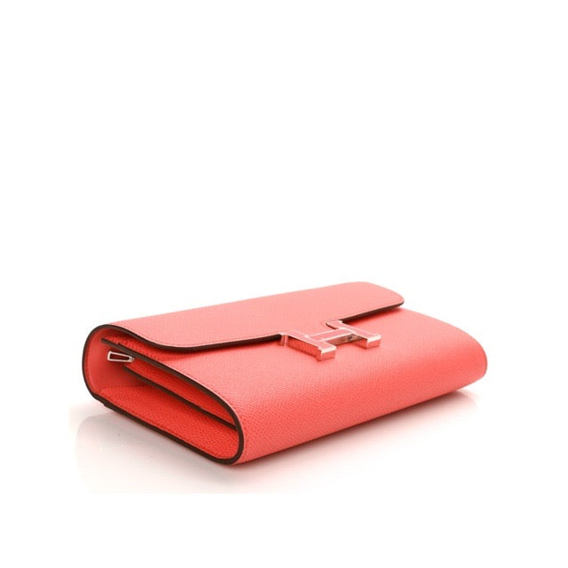 HERMES CONSTANCE WALLET TO GO LONG WALLET ROSE TEXAS EPSOM ENAMEL ROUGE DE COEUR HARDWARE