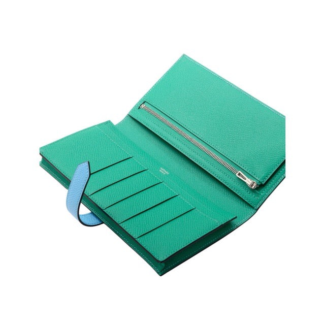 HERMES BEARN SOUFFLE GUSSET LONG WALLET VERSO CELESTE VERT JADE EPSOM SILVER HARDWARE