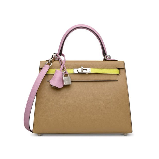 HERMES KELLY 25 SELLIER TRICOLOR CHAI MAUVE SYLVESTRE LIME EPSOM SILVER HARDWARE